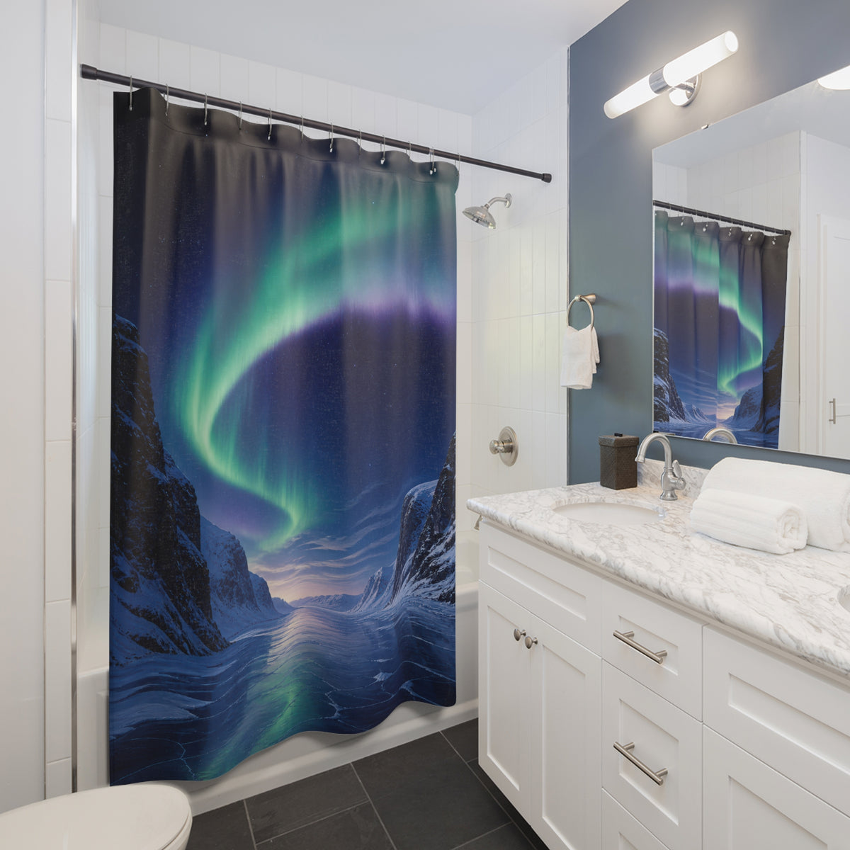 Emerald aurora above a frozen fjord and snowy cliffs shower curtain beside a white vanity