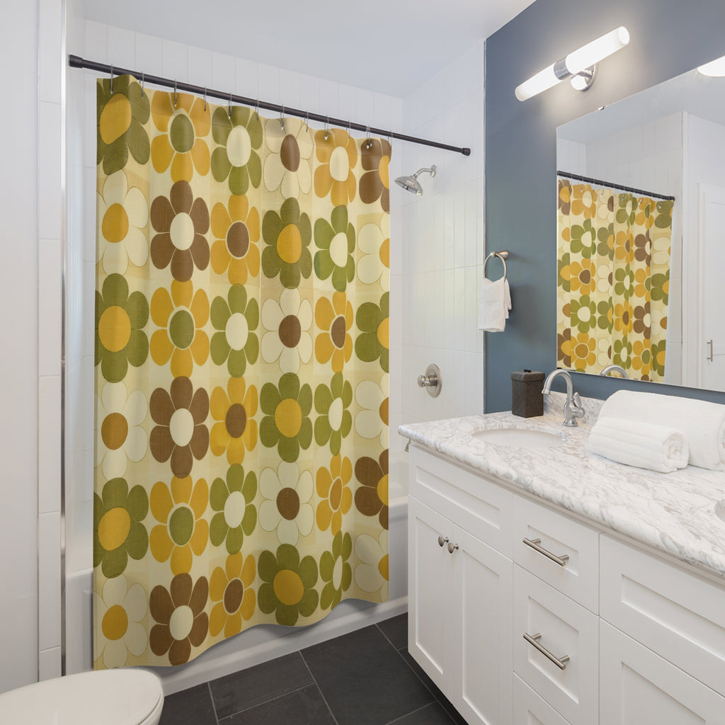 Retro Shower Curtain, 70s Flower Tile Pattern, Mustard Olive Bathroom Decor, 70s Mod Mustard Wall Decor Guest Bath Wall Gift For Home