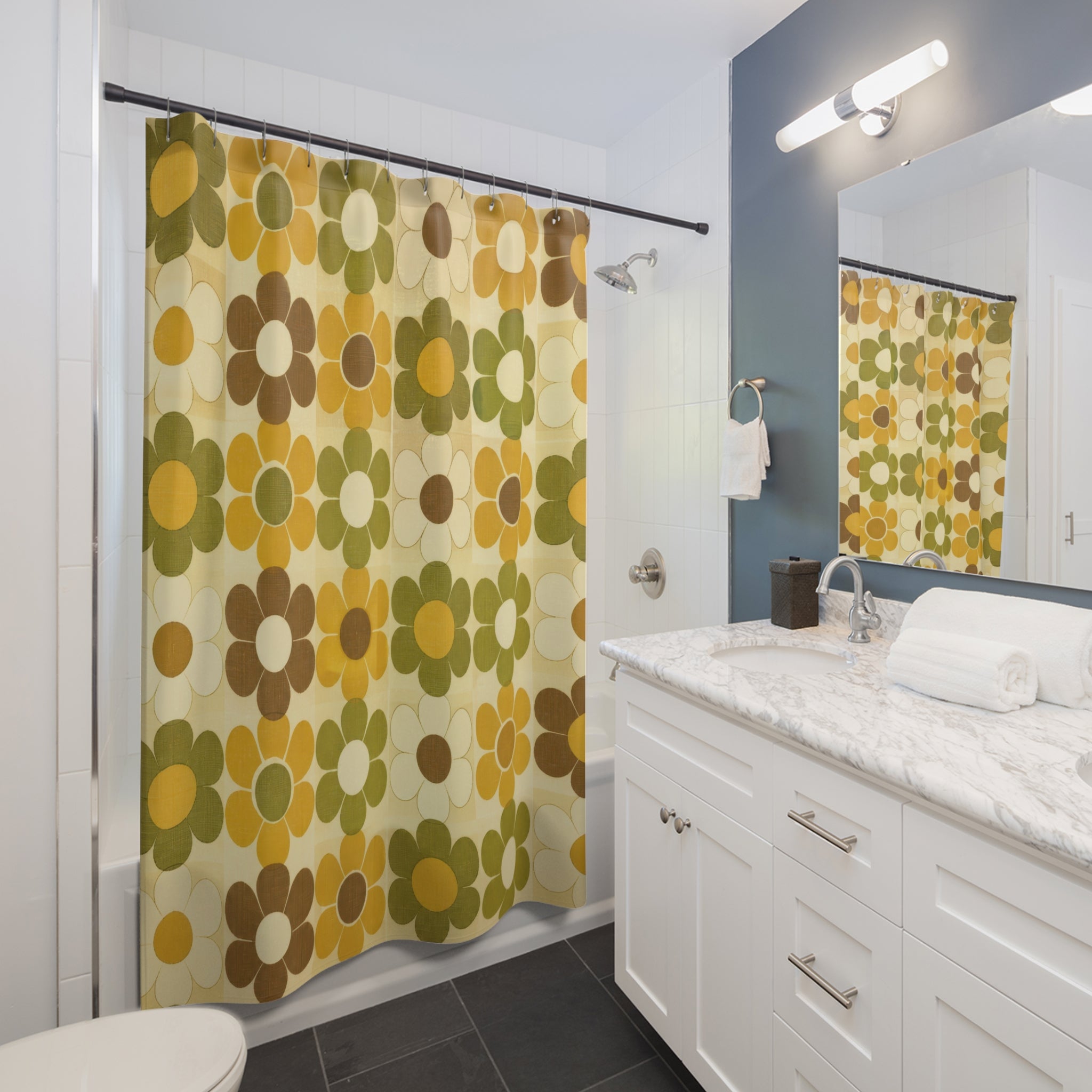 Retro Shower Curtain, 70s Flower Tile Pattern, Mustard Olive Bathroom Decor, 70s Mod Mustard Wall Decor Guest Bath Wall Gift For Home