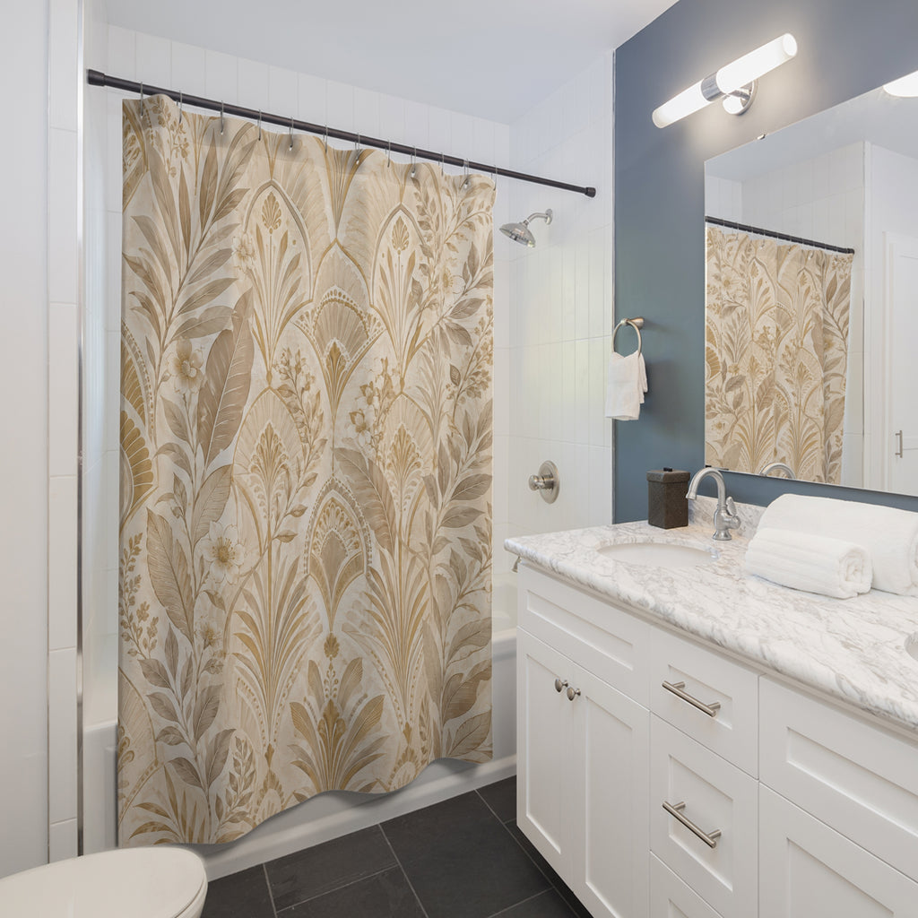 Beige and Gold Shower Curtain: Deco Botanical Pattern