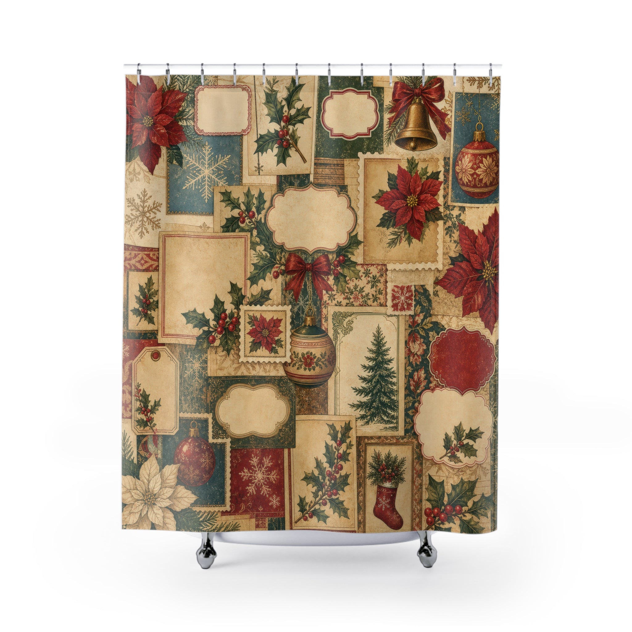 Vintage Label Poinsettia Shower Curtain