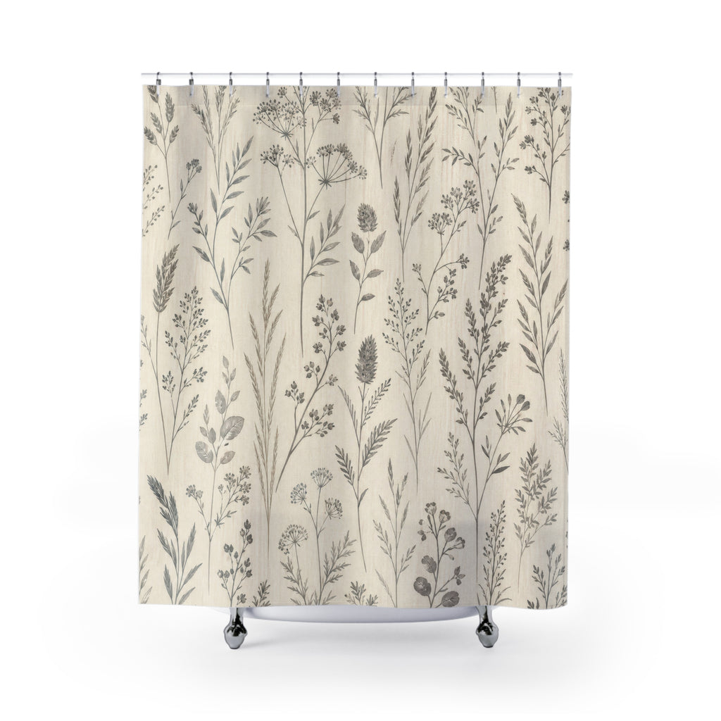 Charcoal Gray Botanical Herb Meadow Shower Curtain