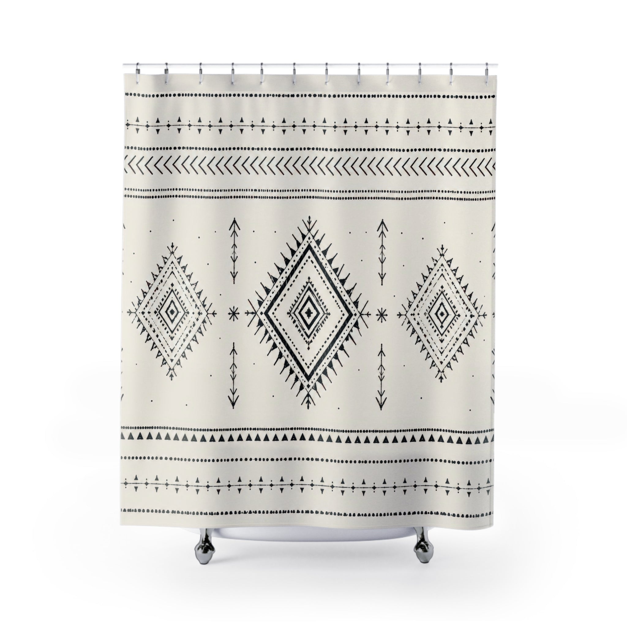 Boho Shower Curtain: Black Cream Geometric Diamond Pattern