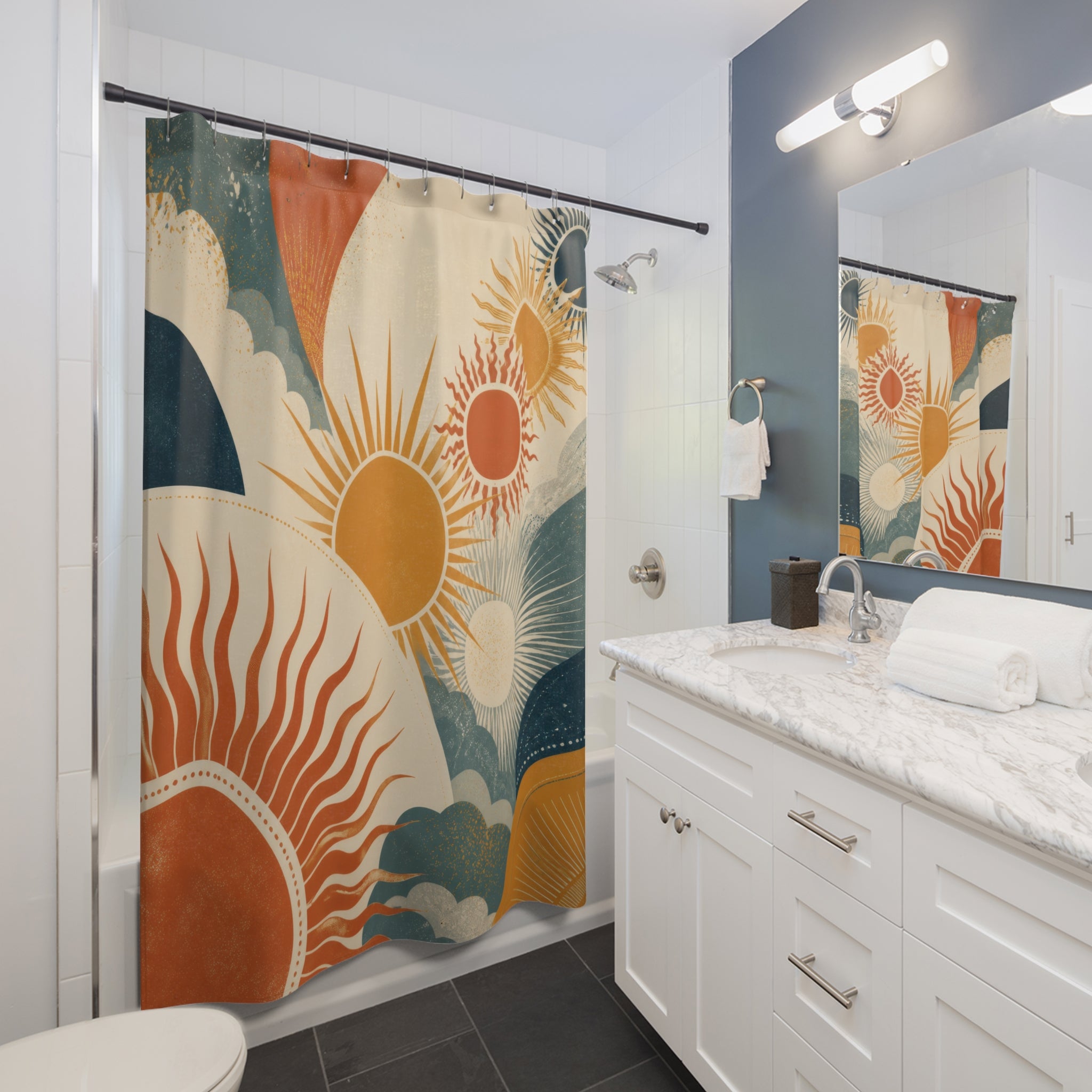 Terracotta Teal Sun Procession Shower Curtain