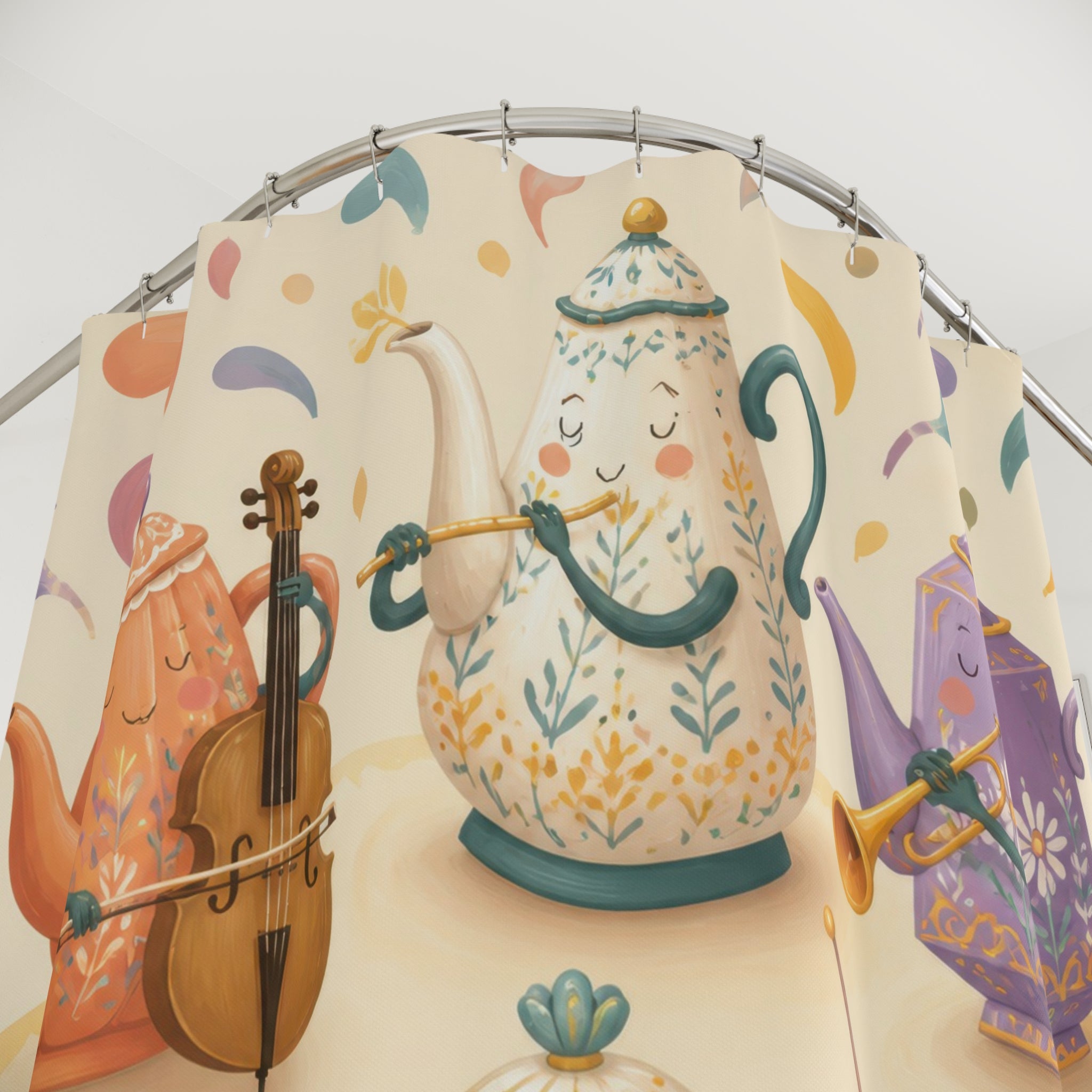 Whimsical floral teapot orchestra in coral and teal shower curtain with close-up print, hooks, and folds