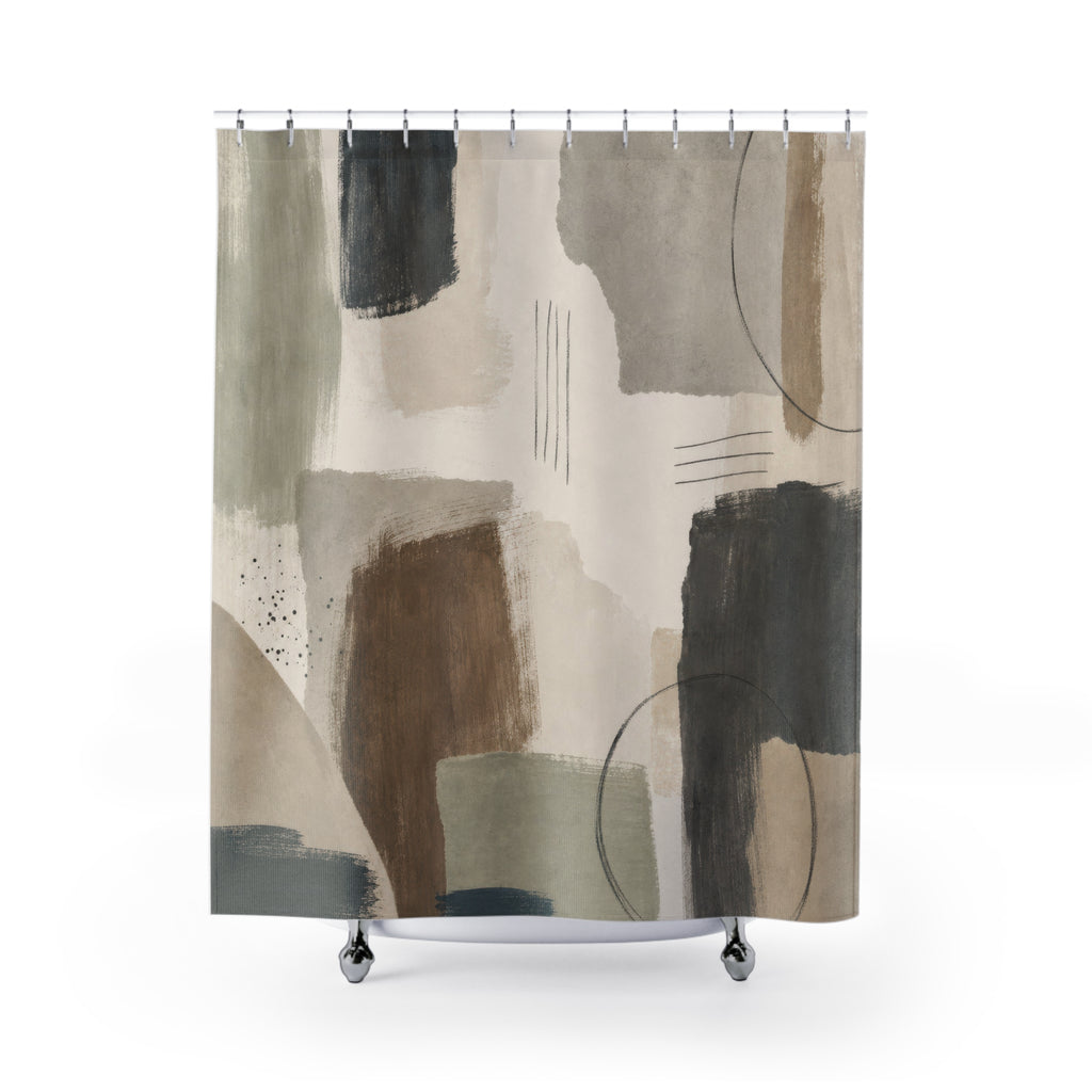 Neutral Abstract Shower Curtain, Painterly Brushstroke Pattern, Beige Black Taupe Modern Bathroom Decor, Minimal Art Bath Style, Organic