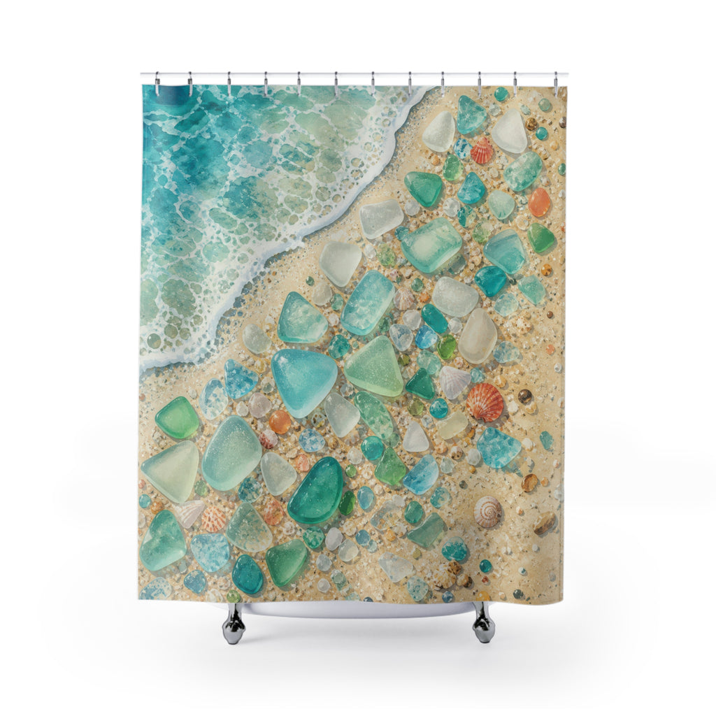 Sea glass and shells beside a turquoise shoreline shower curtain, full front view