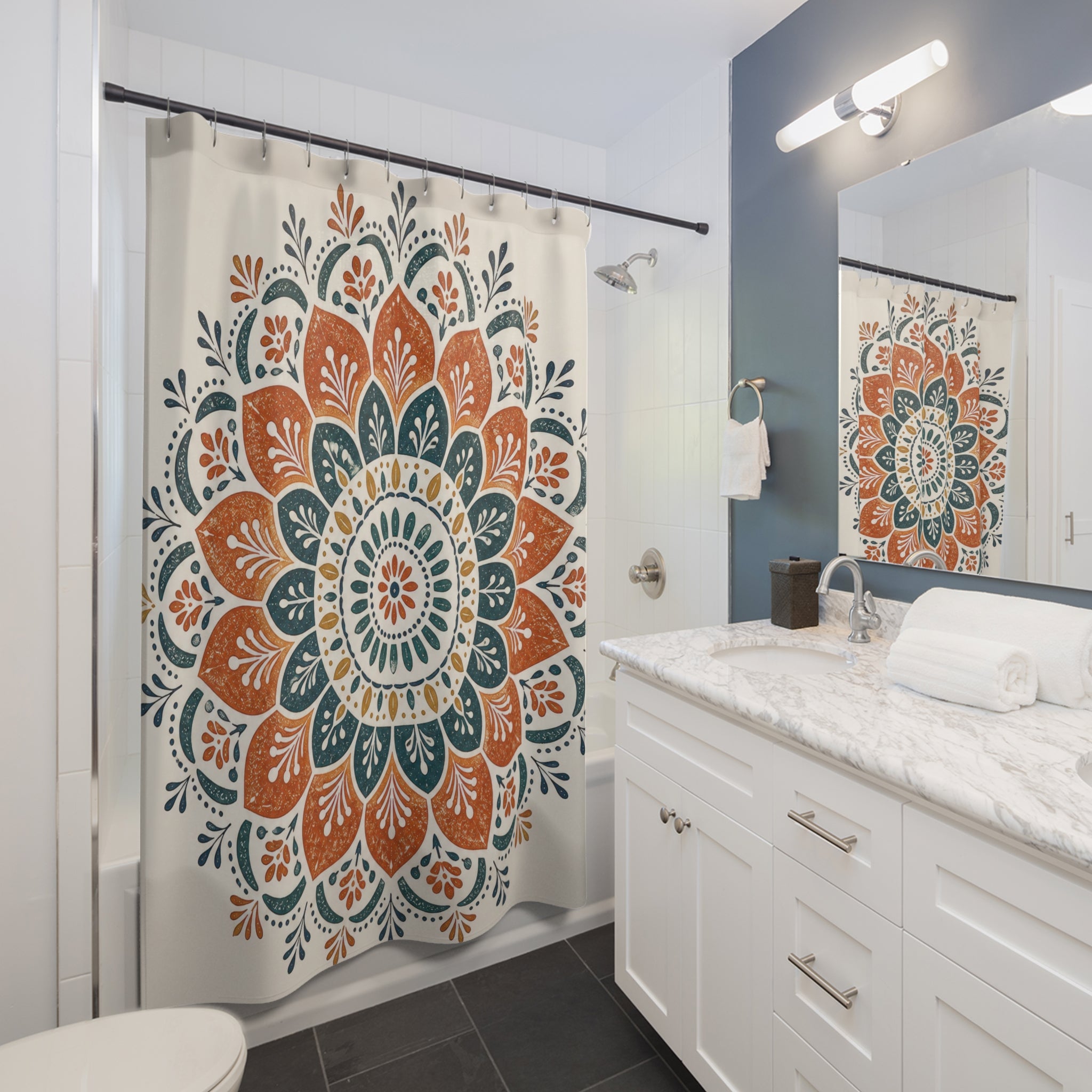 Orange Teal Floral Medallion Shower Curtain