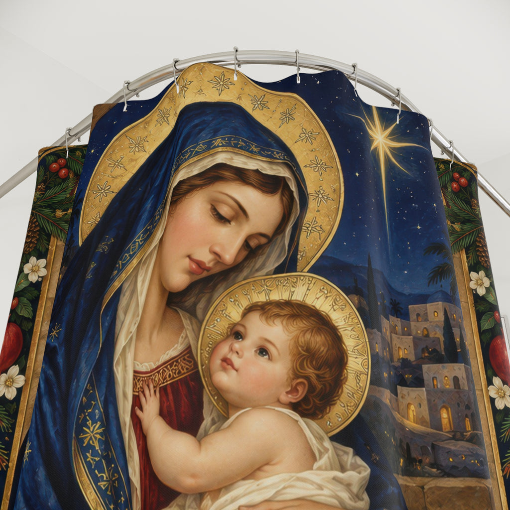 Virgin Mary and child beneath the Bethlehem star shower curtain with close-up print, hooks, and folds