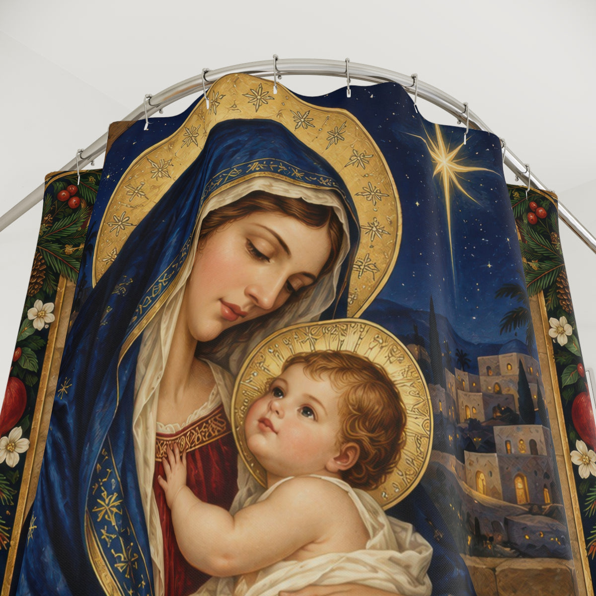 Virgin Mary and child beneath the Bethlehem star shower curtain with close-up print, hooks, and folds