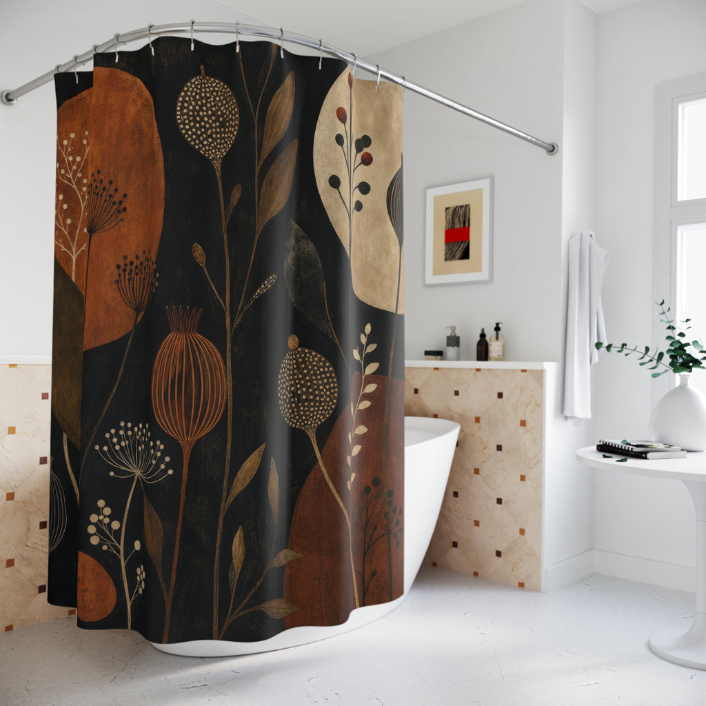 Rust Orange Moon Black Botanical Shower Curtain