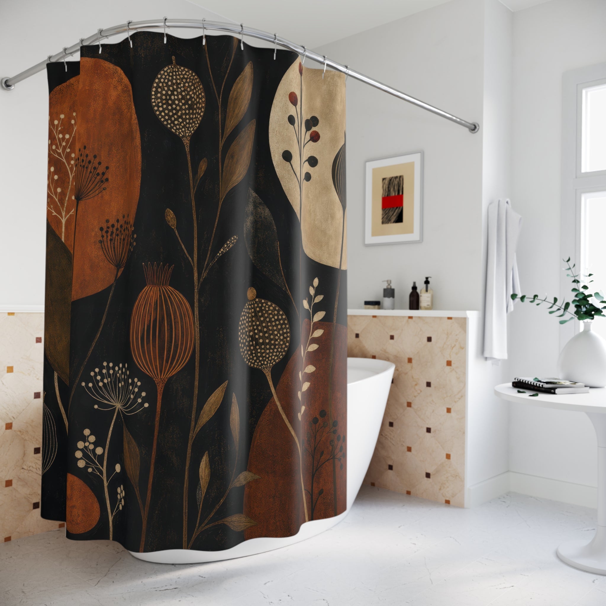 Rust Orange Moon Black Botanical Shower Curtain