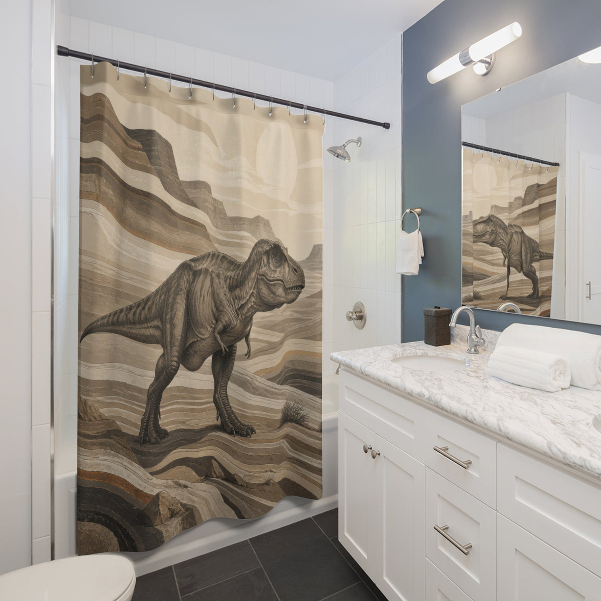 Sepia Tyrannosaurus rex in a layered desert canyon shower curtain beside a white vanity
