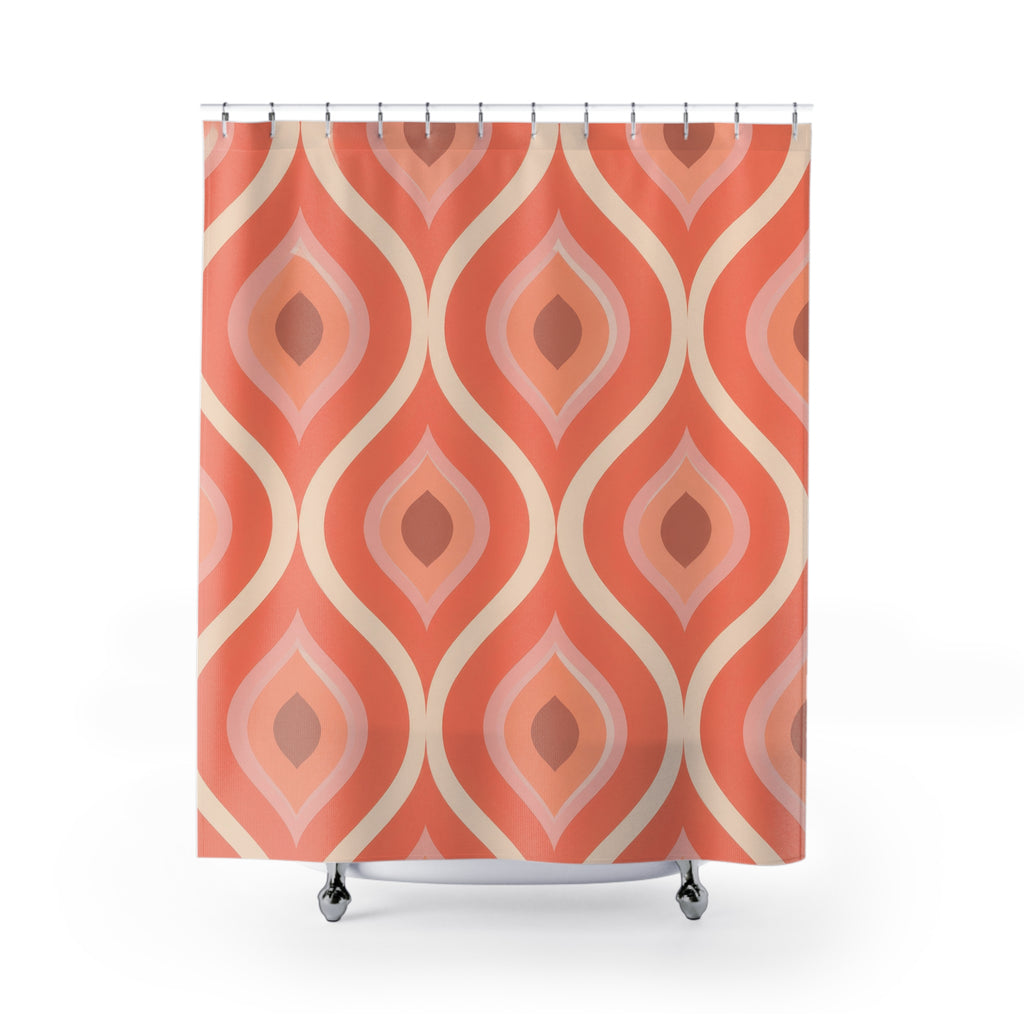 Nested coral and cream lozenges in a retro repeat shower curtain with full front view