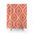 Nested coral and cream lozenges in a retro repeat shower curtain with full front view
