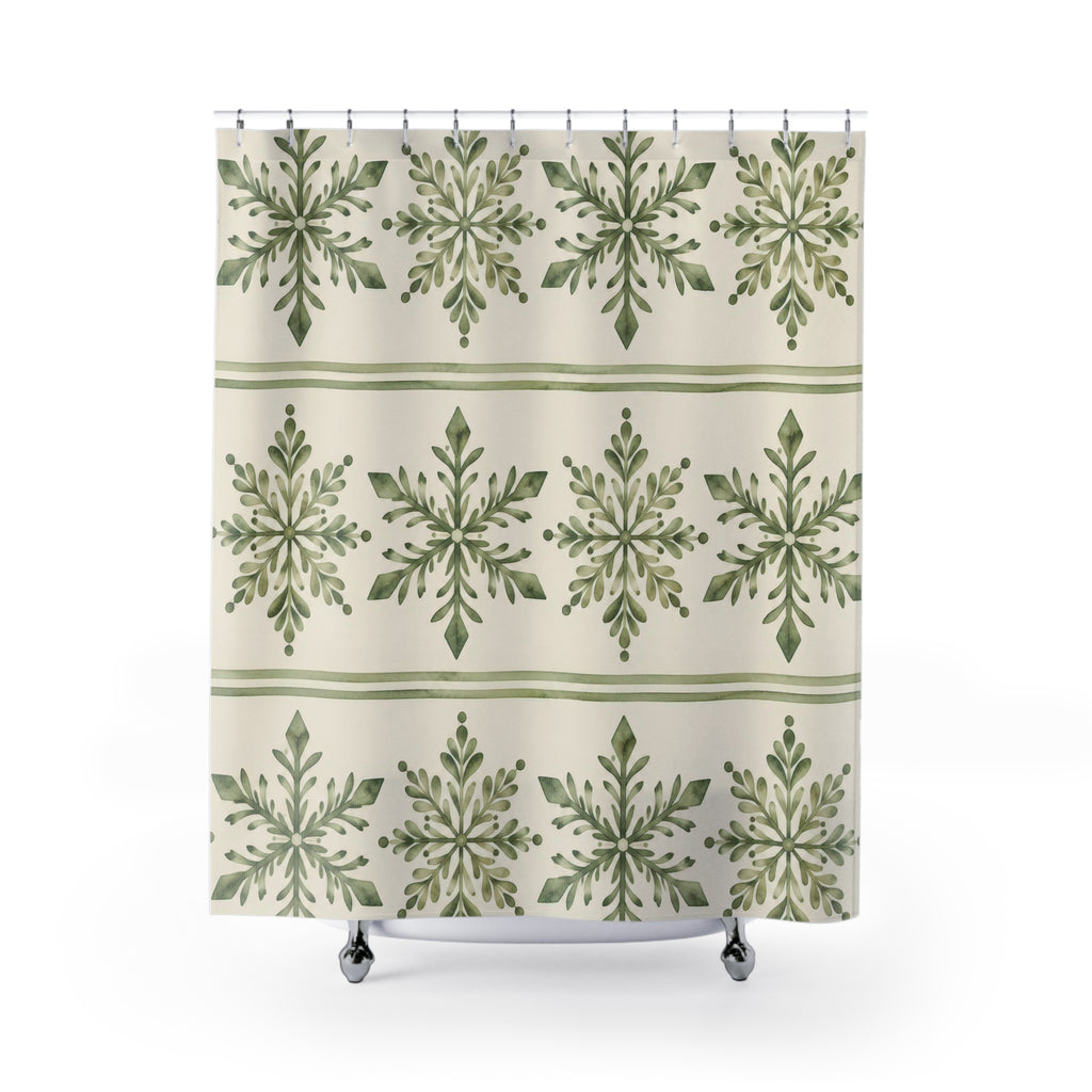 Sage leafy snowflakes in cream bands with green stripes shower curtain with full front view