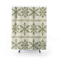 Sage leafy snowflakes in cream bands with green stripes shower curtain with full front view