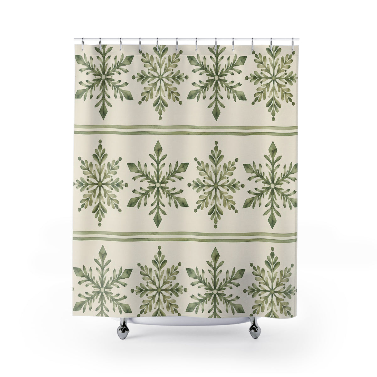 Sage leafy snowflakes in cream bands with green stripes shower curtain with full front view