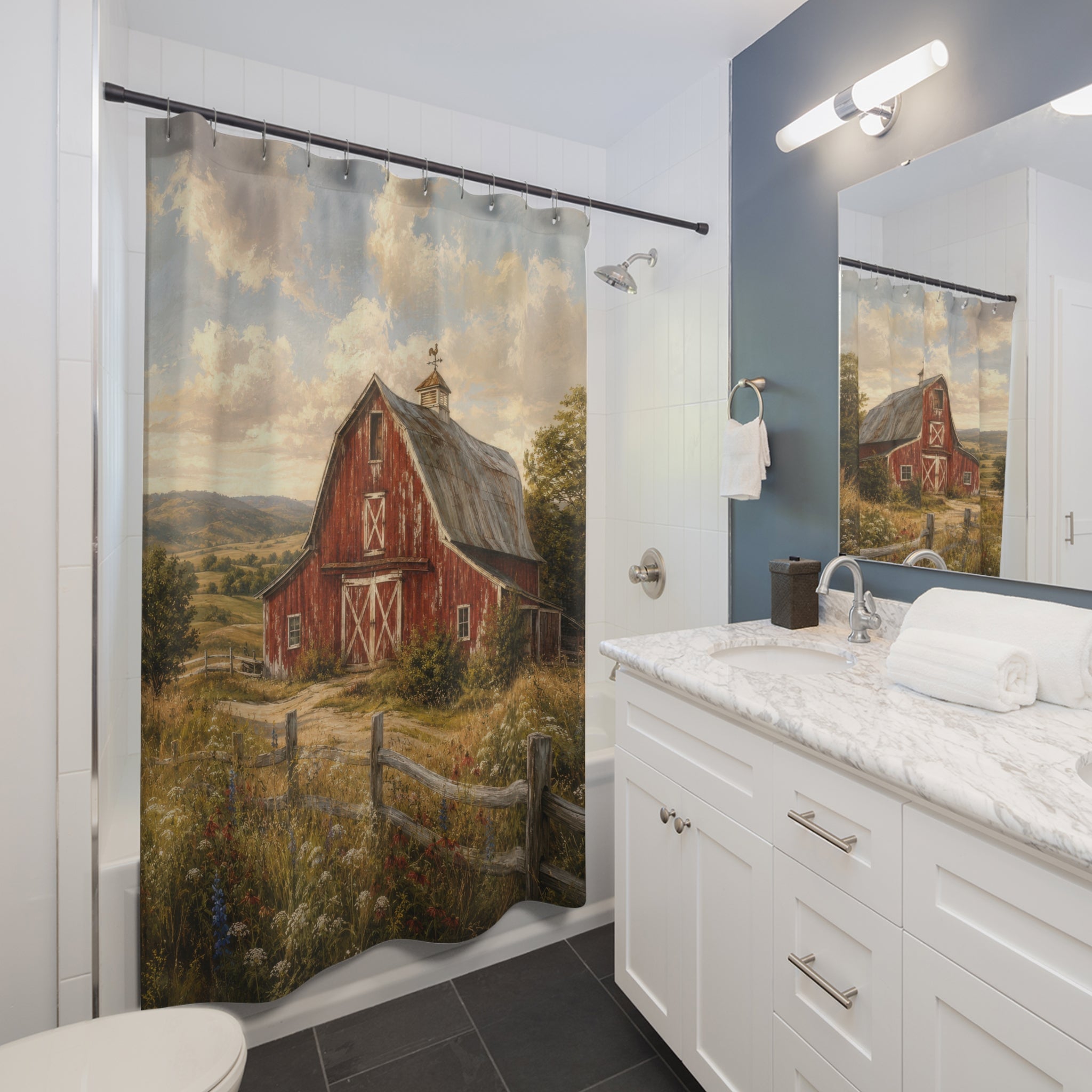 Barn Shower Curtain: Red Farmhouse Landscape