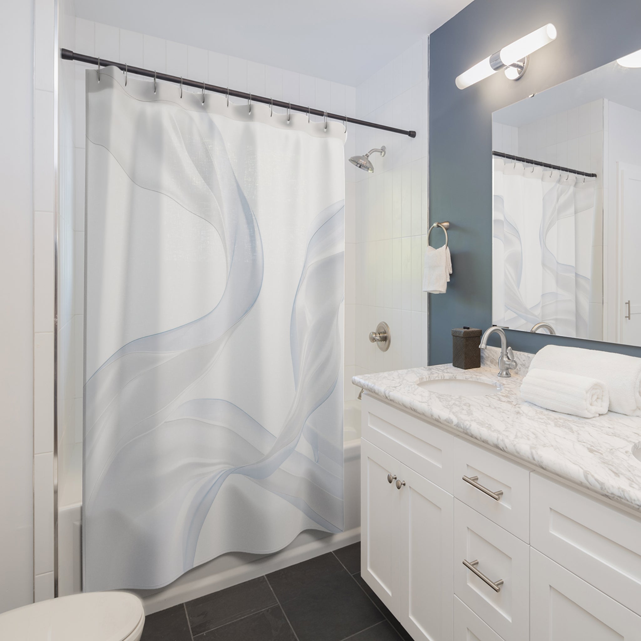 White Shower Curtain, Modern Abstract Bath Decor, Soft Ribbon Pattern, Minimal Guest Bathroom Decor, Spa Neutral White Style Decor