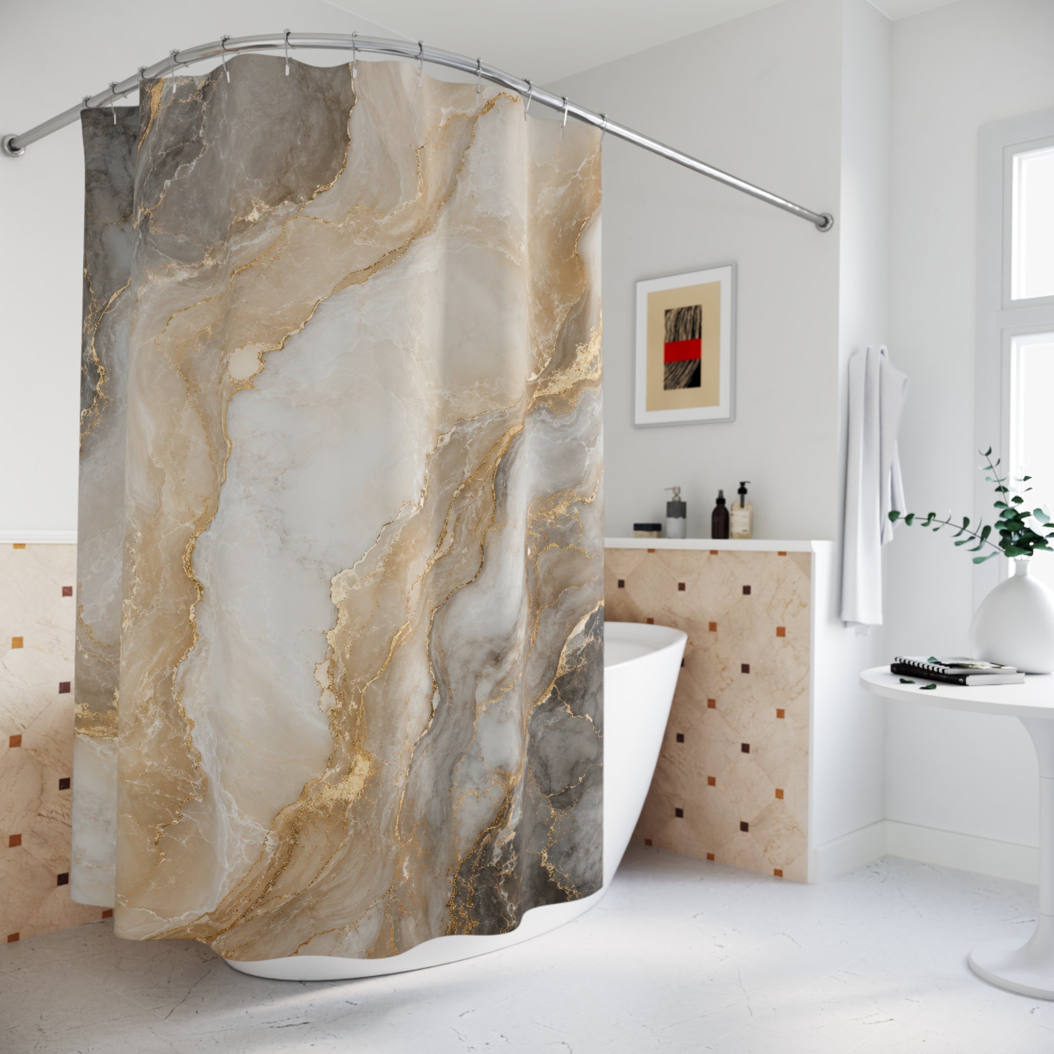 Marble Shower Curtain: White Gold Stone