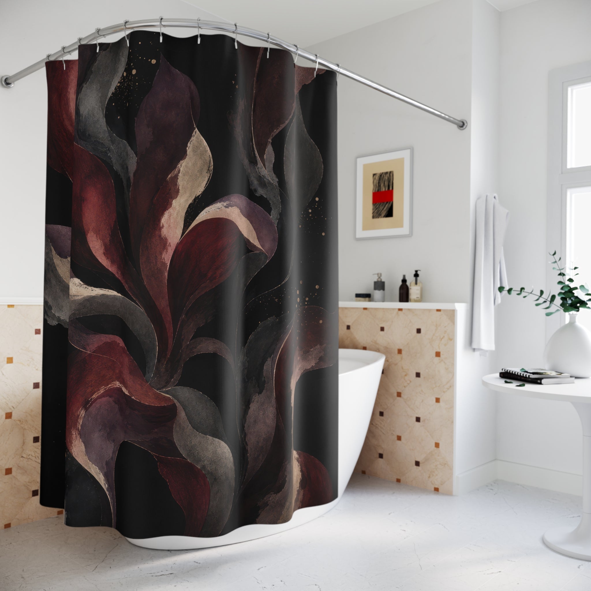 Dark Floral Shower Curtain, Black Burgundy Bath Decor, Moody Botanical Flower Pattern, Red Gray Bathroom Decor, Romantic Gothic Style
