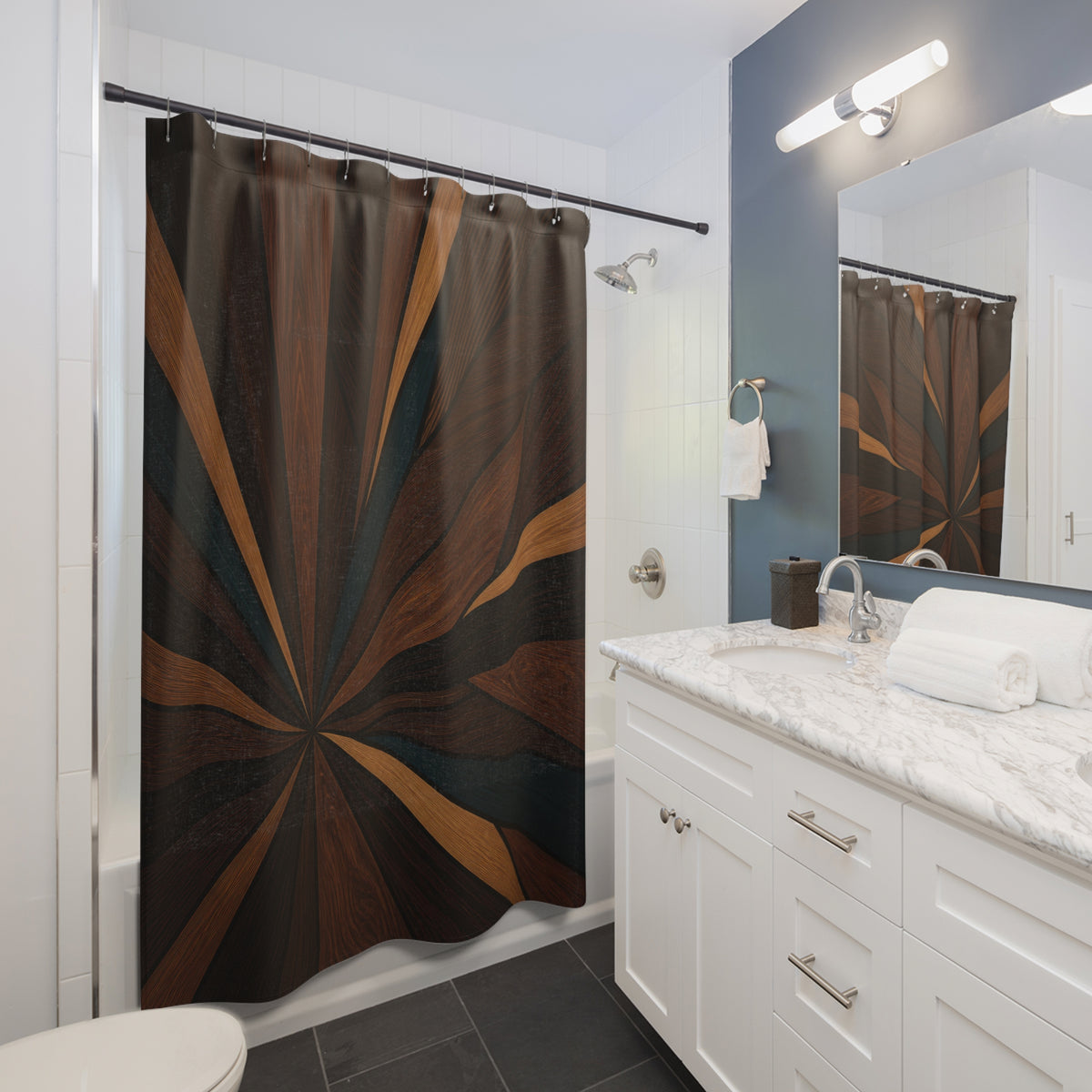 Walnut wood starburst with black teal and copper inlays shower curtain beside a white vanity