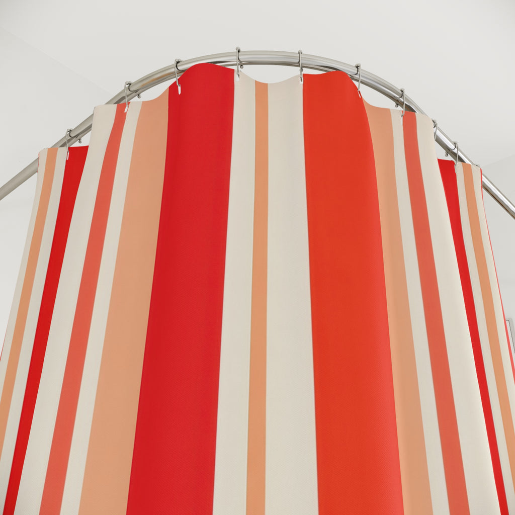Warm Poppy Coral Stripe Shower Curtain, Poppy Red Classic Bathroom Decor, Modern Stripe Bath Curtain, Guest Bath Decor, Small Bathroom Decor