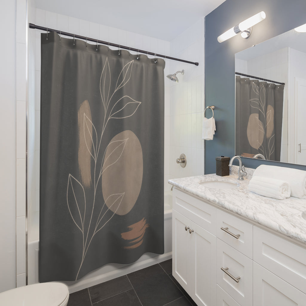 Dark Gray Leaf Line Art Shower Curtain