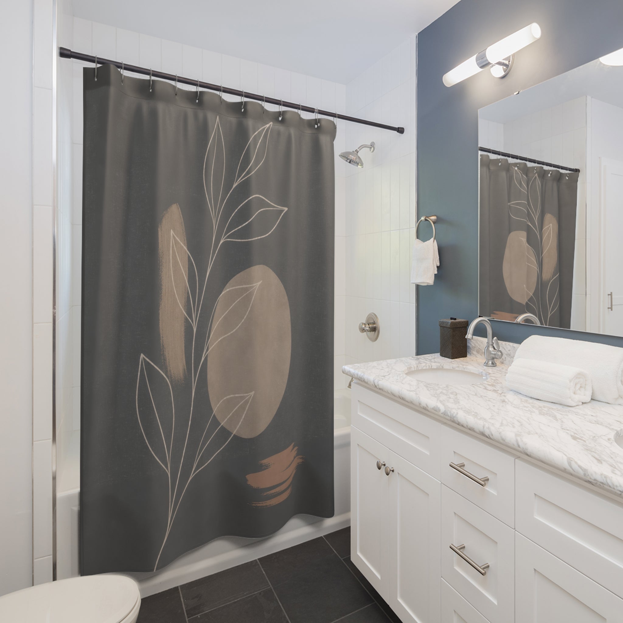 Dark Gray Leaf Line Art Shower Curtain