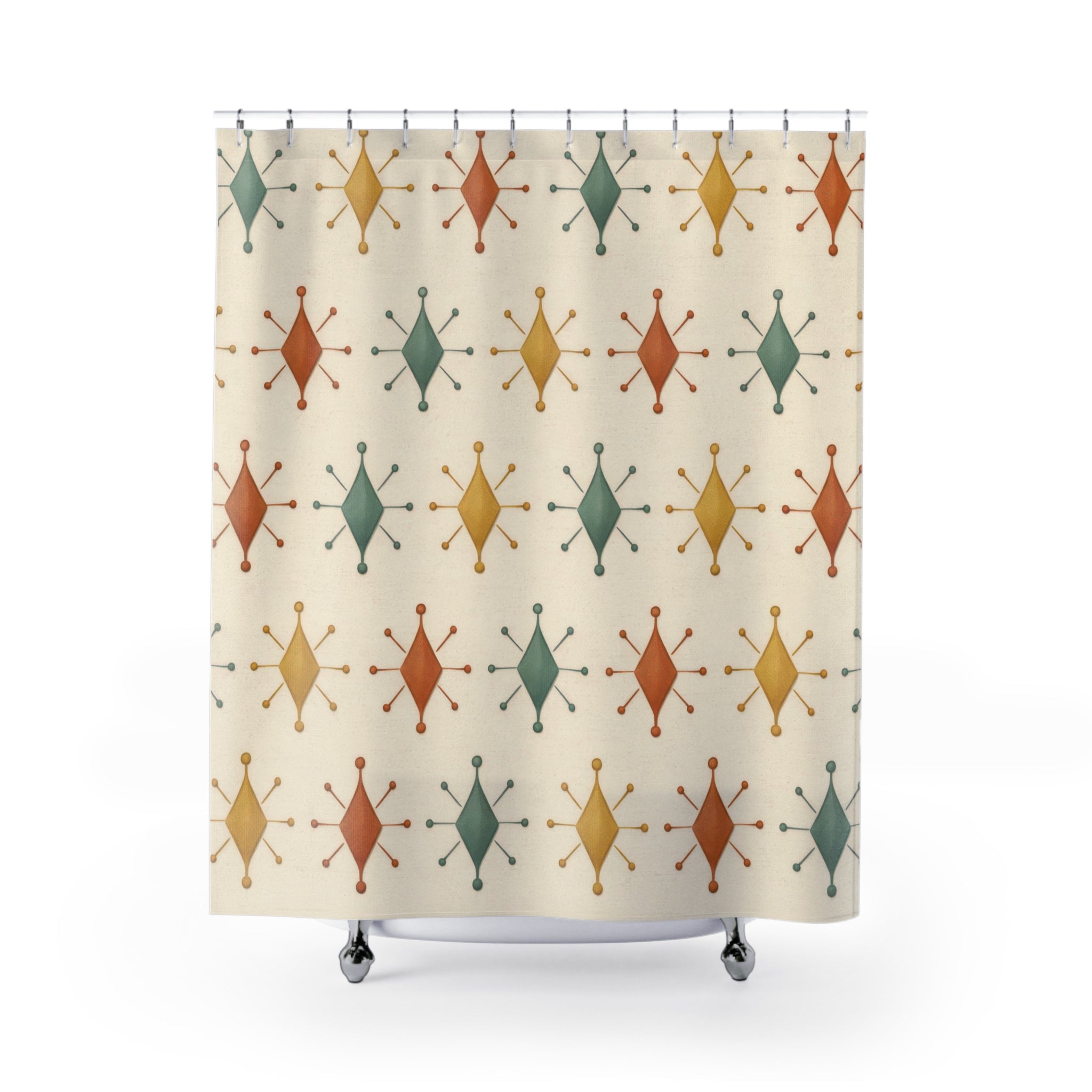 Boho Retro Geometric Shower Curtain – Teal Mustard