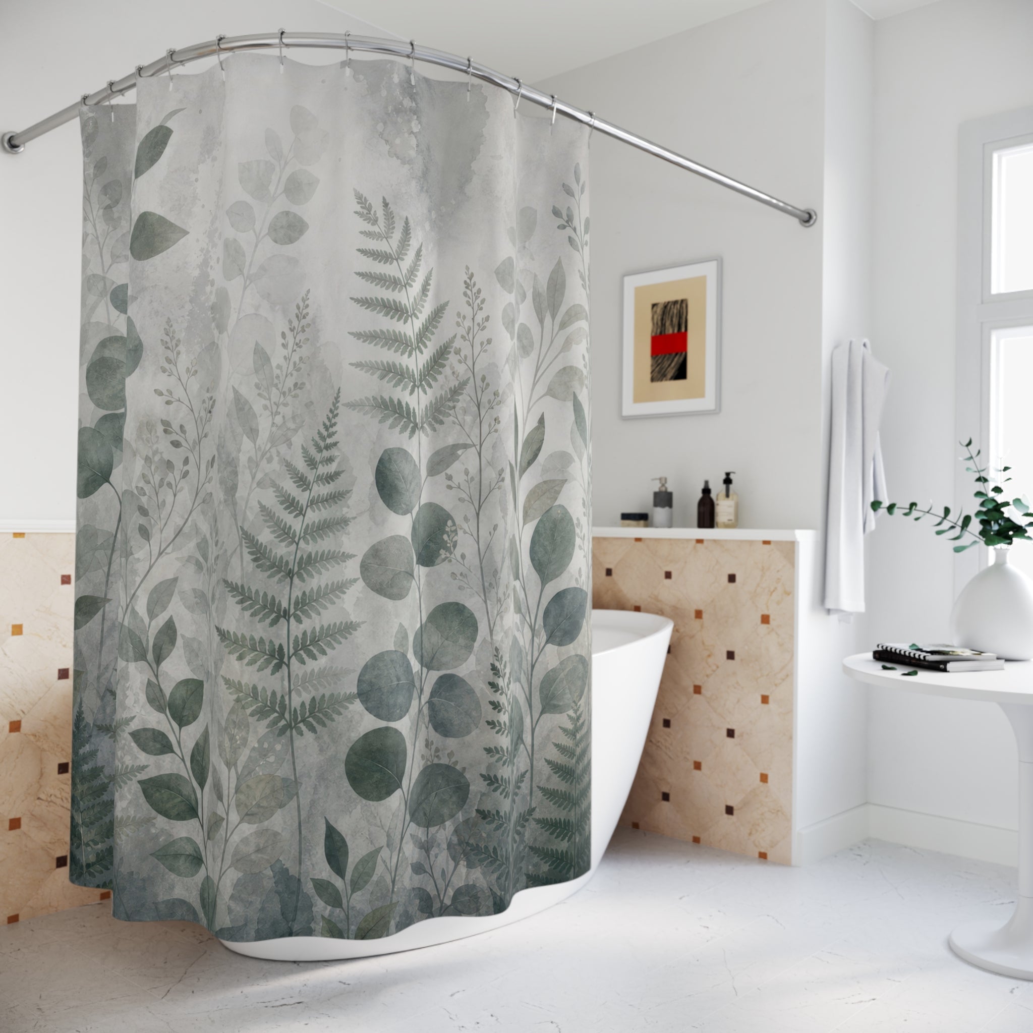 Green Gray Botanical Shower Curtain