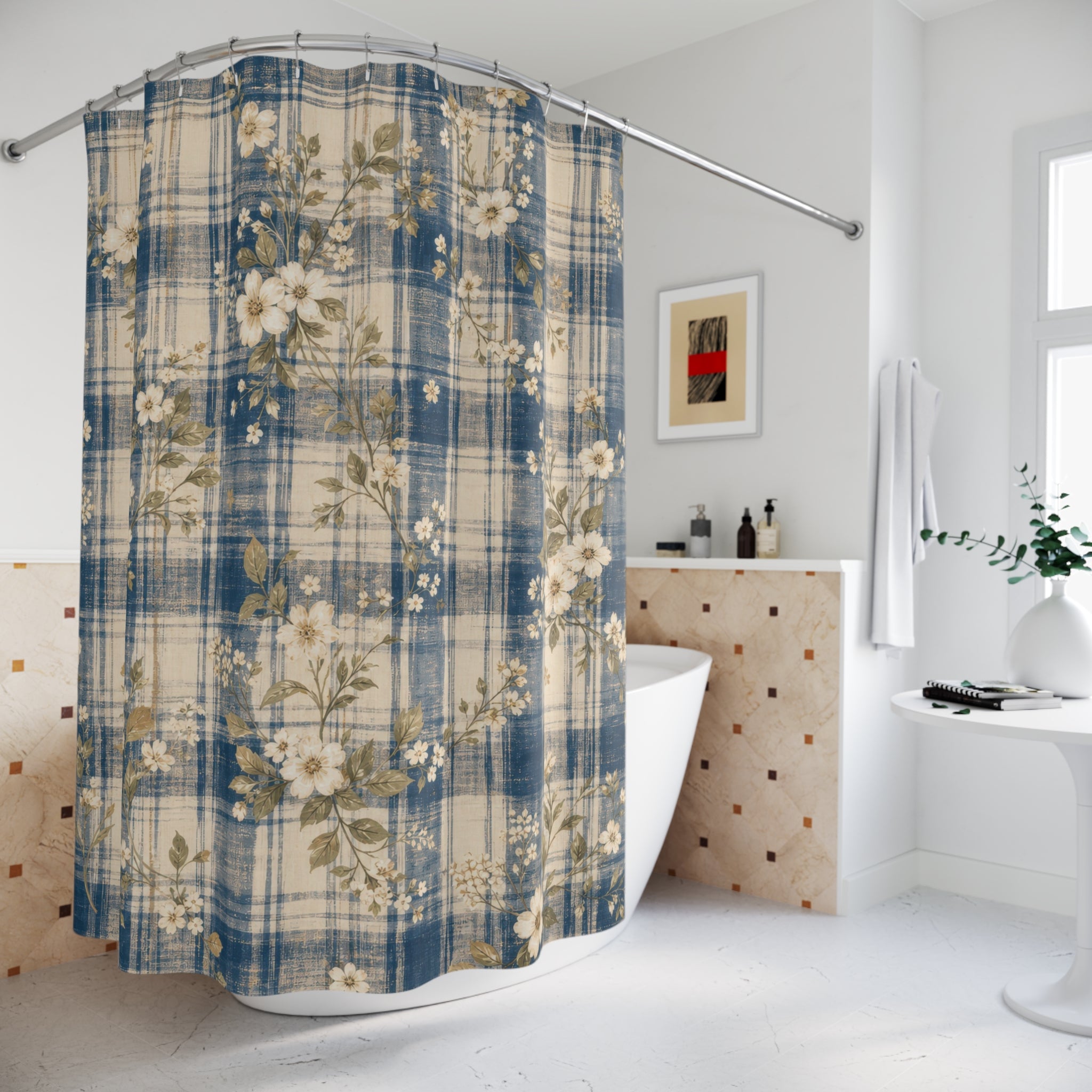 Blue Country Floral Check Shower Curtain