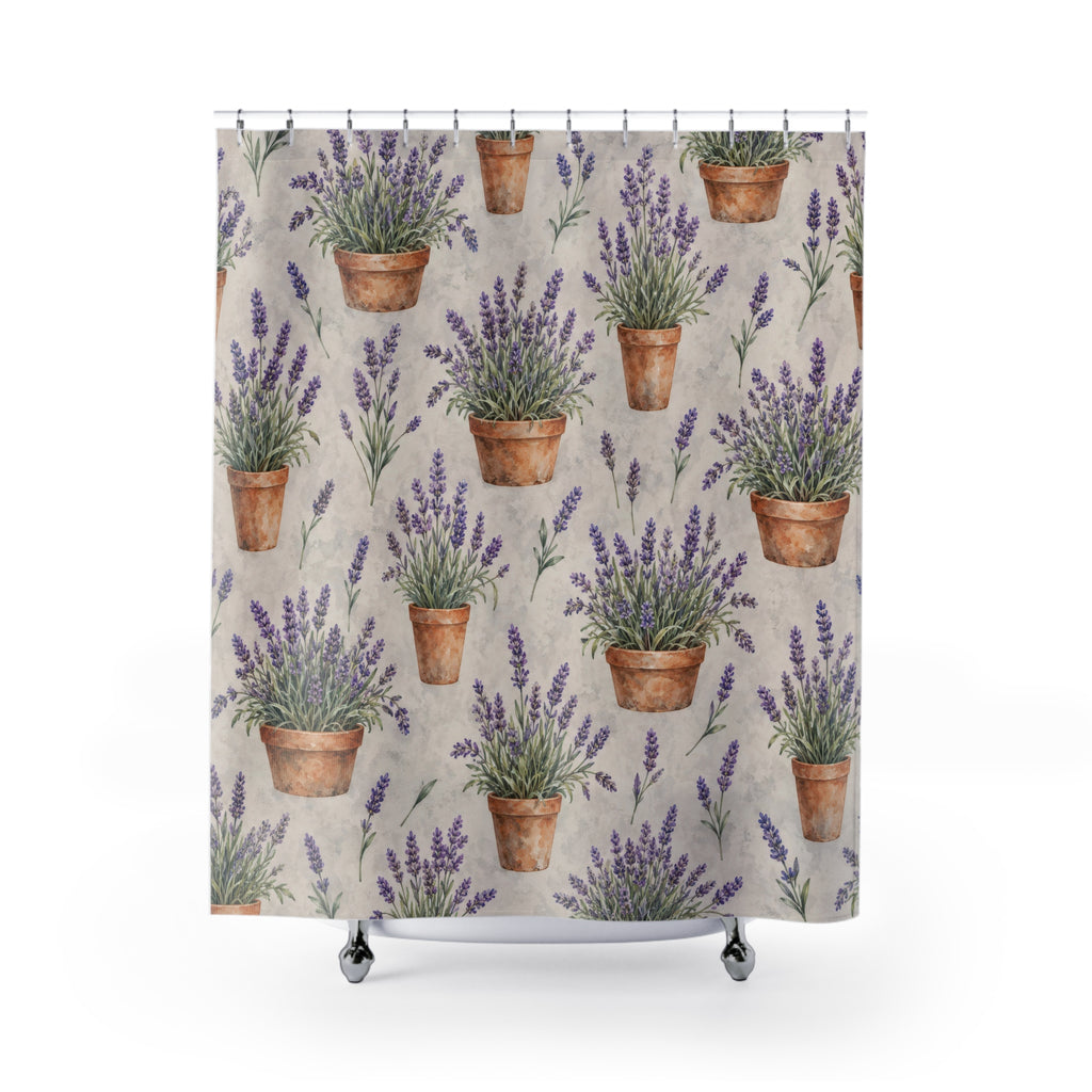 Purple lavender in terracotta pots on pale gray shower curtain with full front view