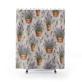 Purple lavender in terracotta pots on pale gray shower curtain with full front view