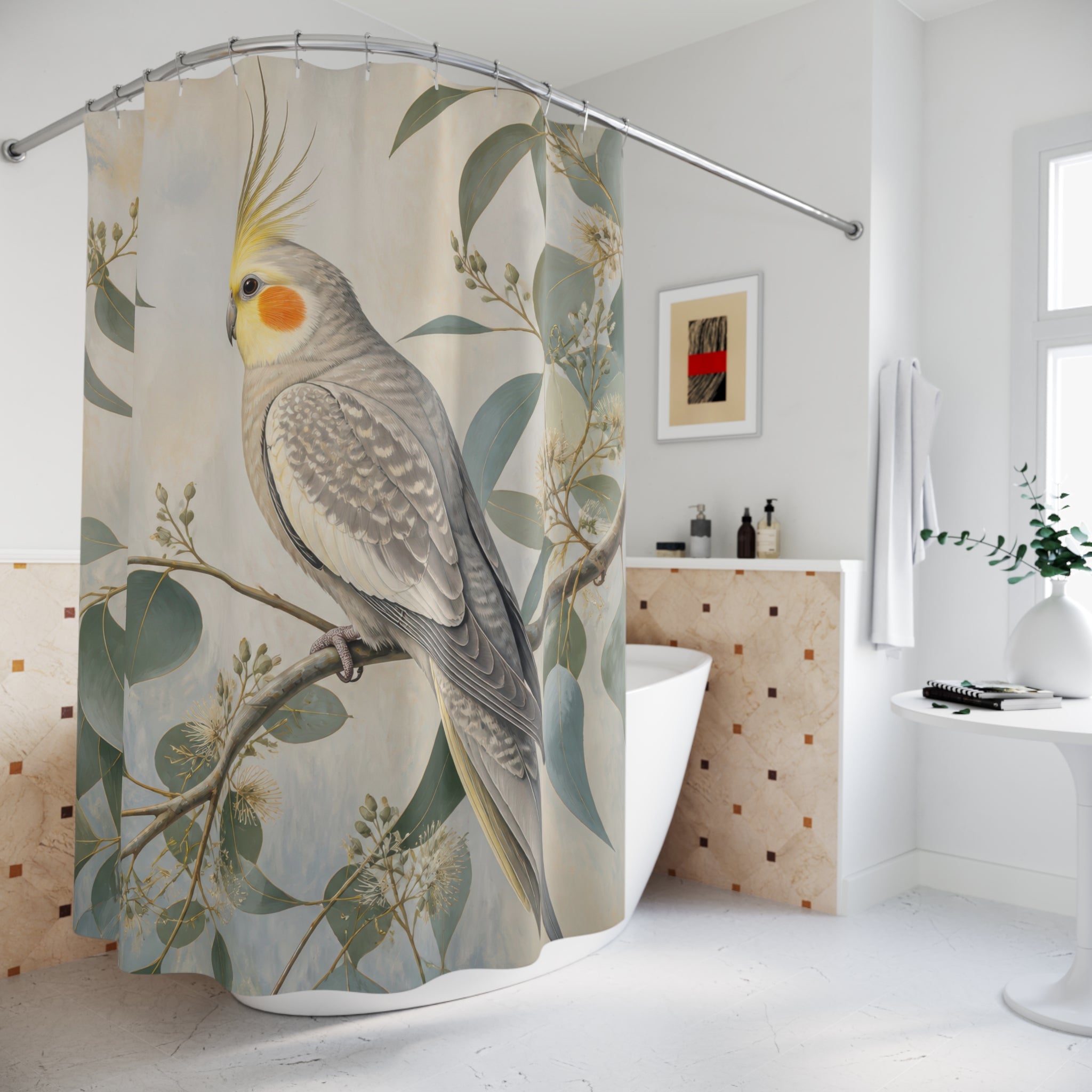 Grey cockatiel among sunlit eucalyptus leaves shower curtain styled beside a freestanding tub