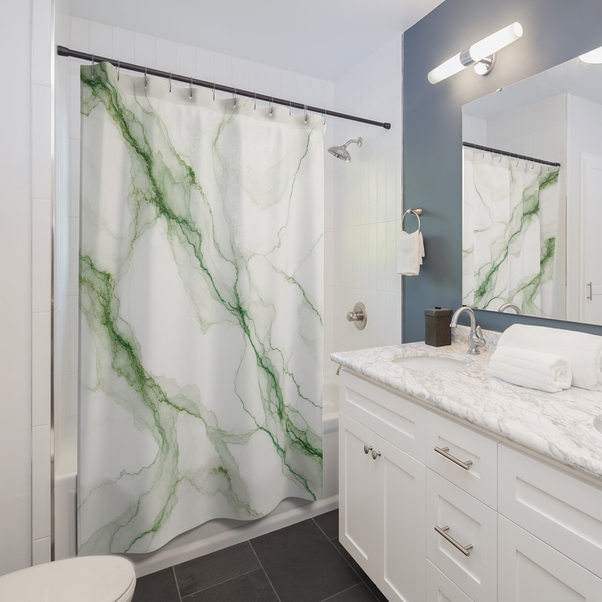 Green White Veined Stone Shower Curtain