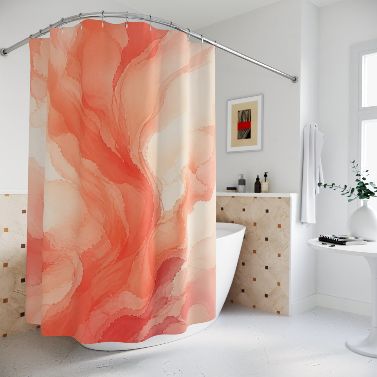Flowing coral watercolor plumes on warm cream shower curtain beside a freestanding tub