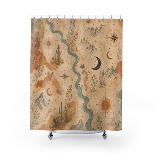 Abstract Desert Map boho terracotta shower curtain with full front view