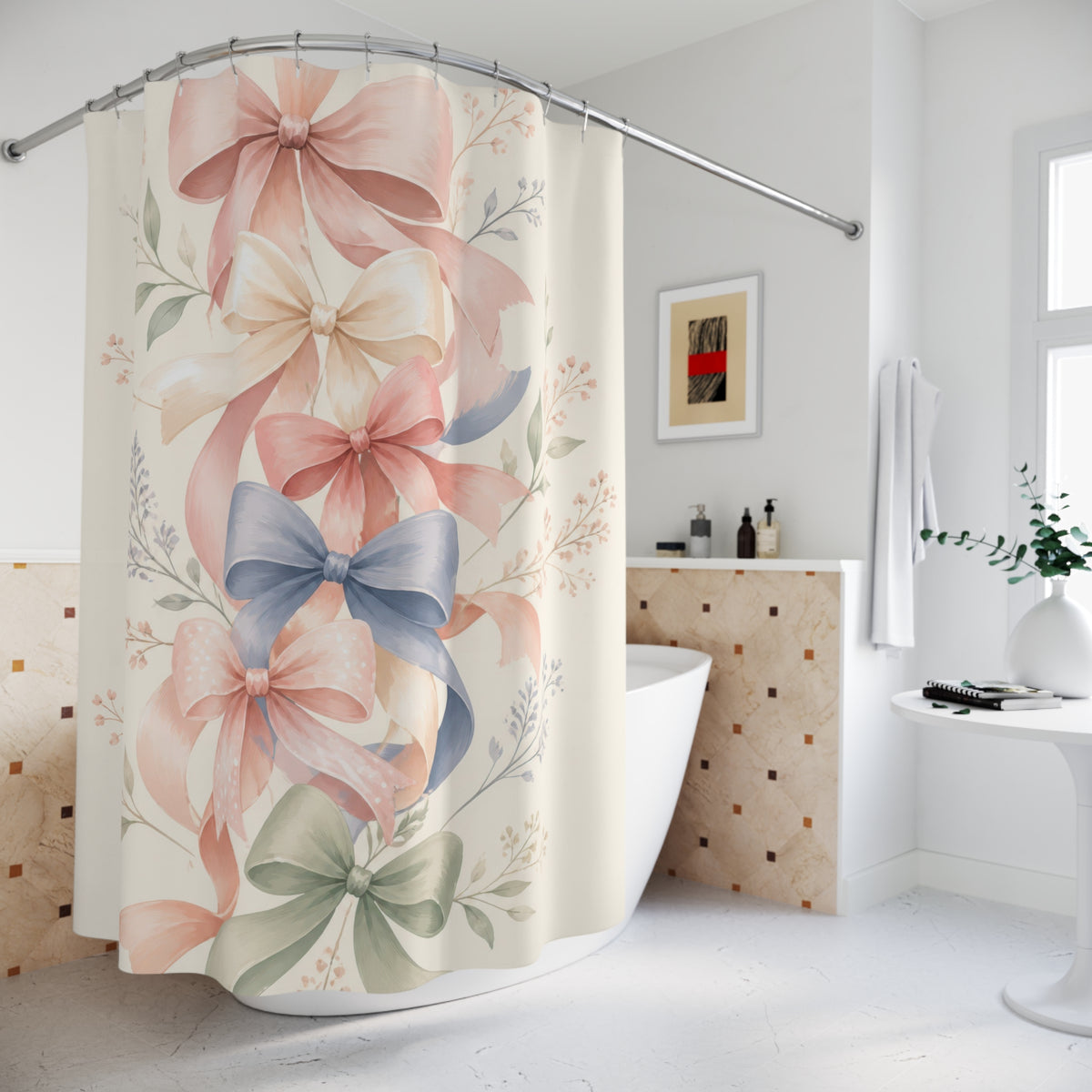 Pastel ribbon bows cascading among delicate botanical sprigs shower curtain beside a freestanding tub