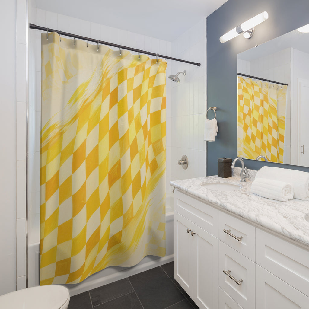 Saffron yellow checker wave on cream shower curtain beside a white vanity