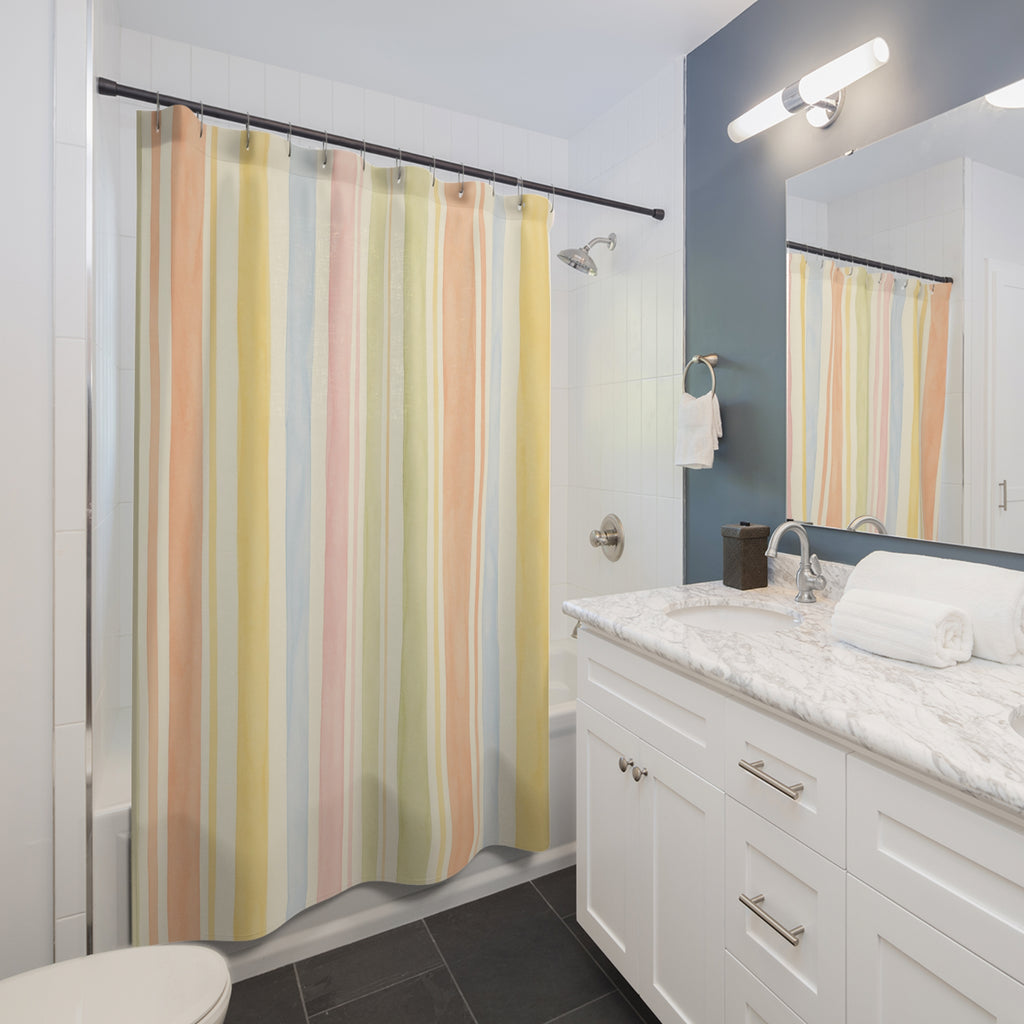 Yellow Peach Blue Vertical Stripe Shower Curtain