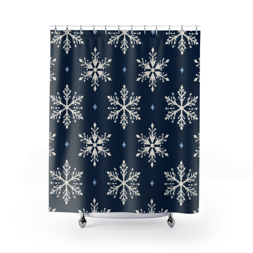 Ivory snowflakes and pale blue diamonds on navy shower curtain with full front view