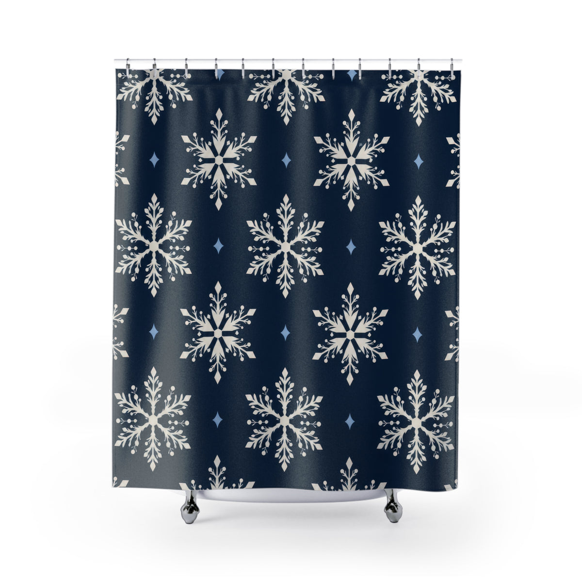 Ivory snowflakes and pale blue diamonds on navy shower curtain with full front view