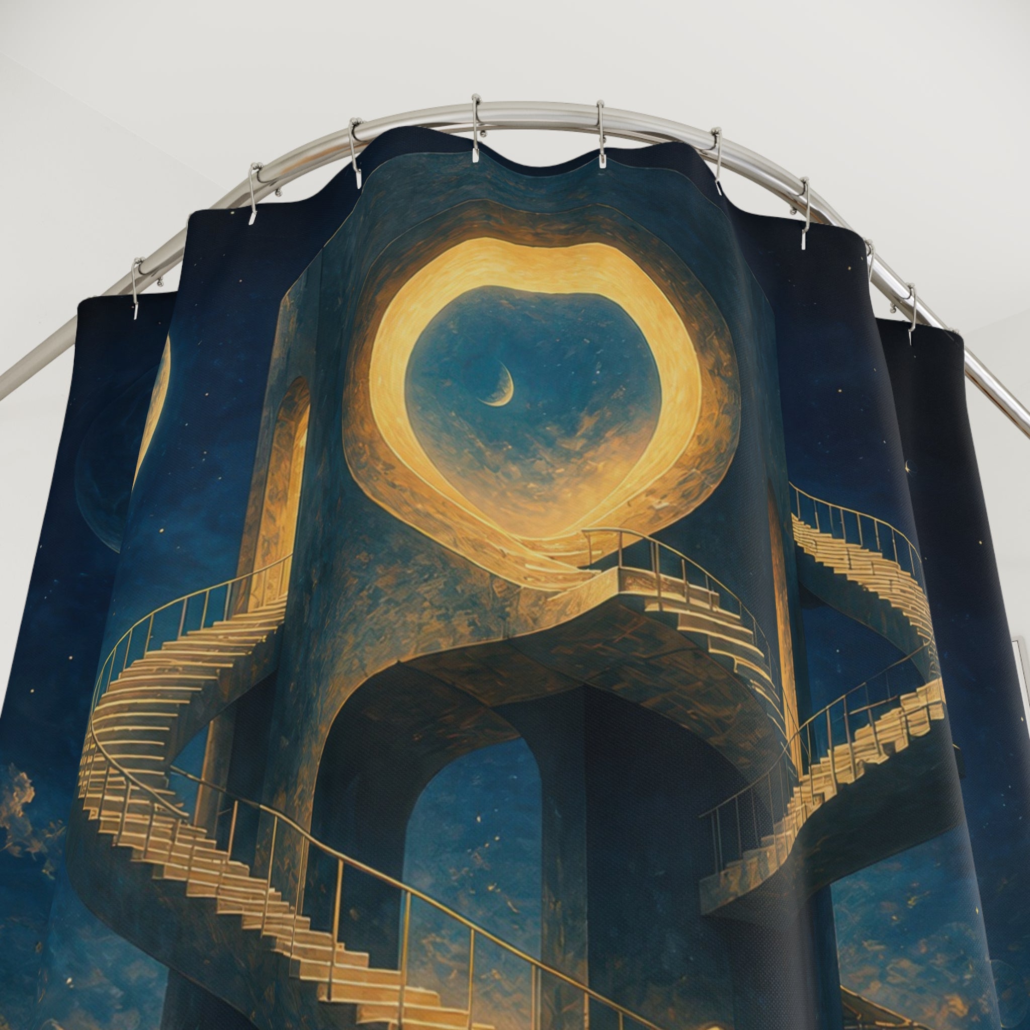 Golden staircase in a celestial tower shower curtain with close-up print, hooks, and folds