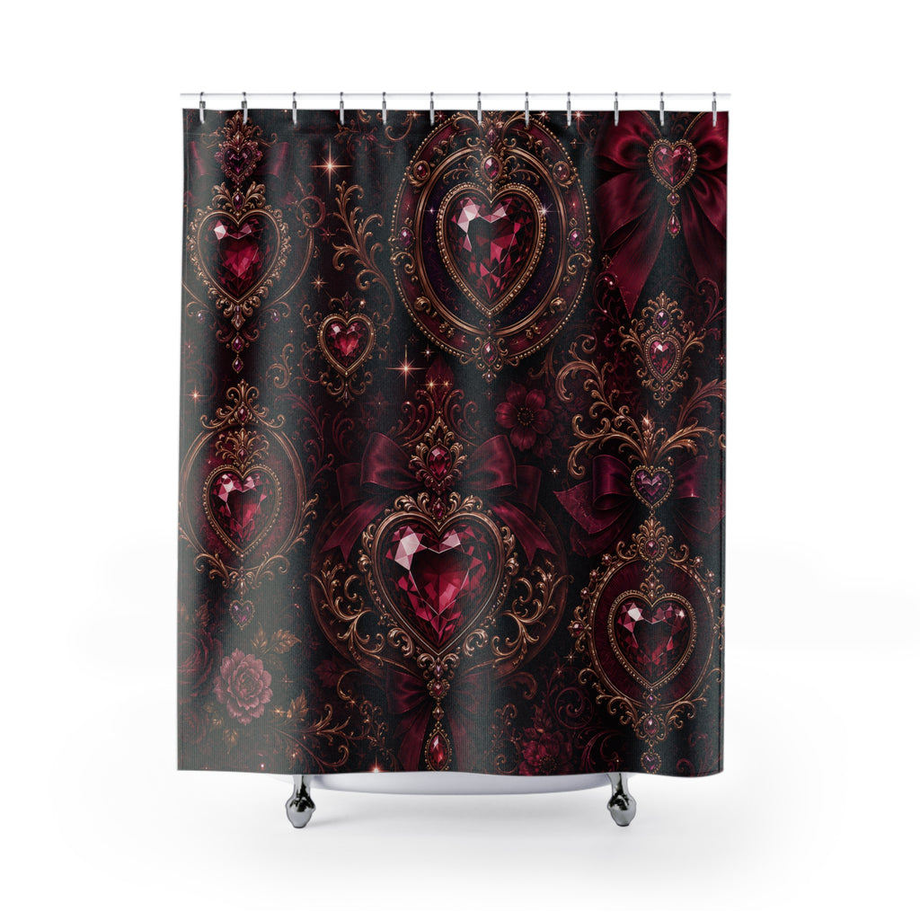 Burgundy gemstone hearts in an ornate gold medallion lattice shower curtain with full front view