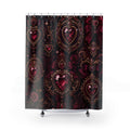 Burgundy gemstone hearts in an ornate gold medallion lattice shower curtain with full front view
