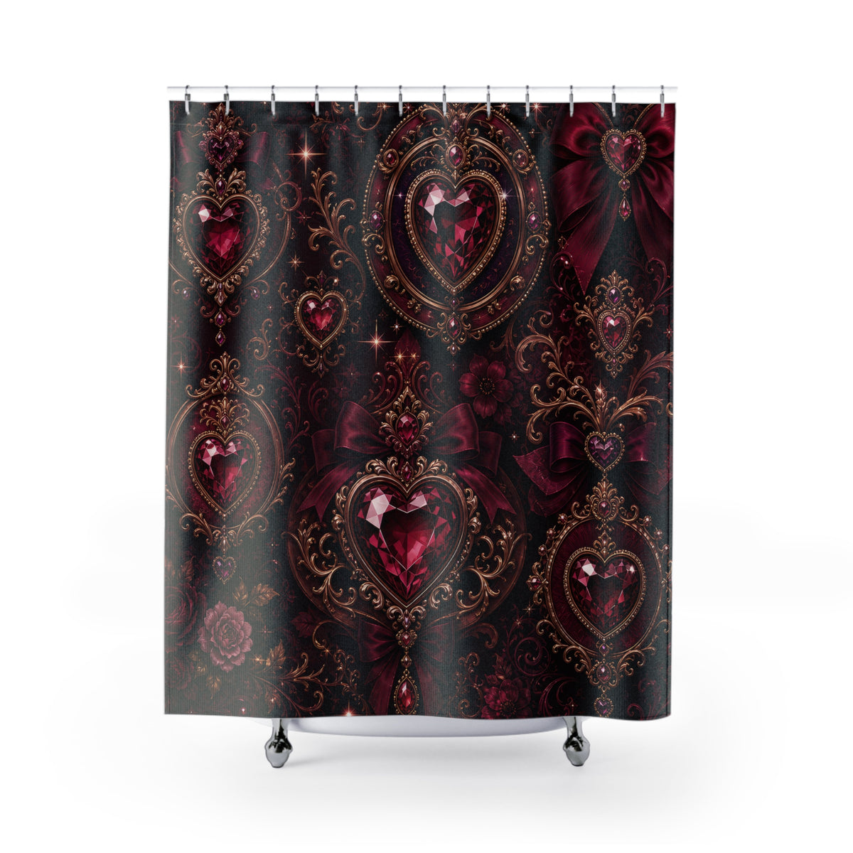 Burgundy gemstone hearts in an ornate gold medallion lattice shower curtain with full front view