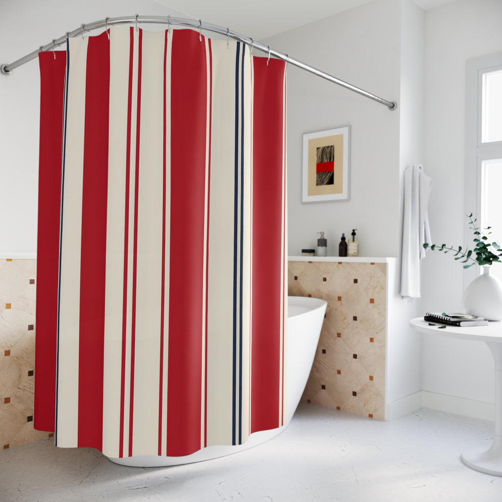 Regatta Red Stripe Shower Curtain, Red Navy Classic Bathroom Decor, Modern Stripe Bath Curtain, Guest Bath Decor, Small Bathroom Decor