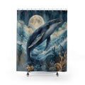 Whale Shower Curtain: Navy Blue Celestial Ocean